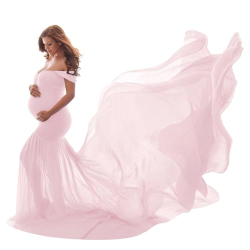 IWEMEK Women Maternity Dress for Photography Mermaid Off Shoulder Slim Fitted Chiffon Gown Flowy Baby Shower Maxi Photo Props Dress, Pink, One size
