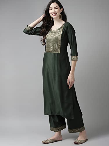 Image of INDO ERA Women's Cotton Blend Yoke Design Straight Kurta with Pant & Dupatta Set