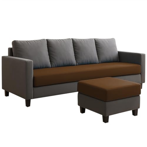 Image of FURNY Arnold 5 Seater L Shape Sofa Set with Movable Ottoman | Flexible Left or Right Layout | Plush Velvet Fabric (Dark Grey-Dark Brown) | Perfect for Living Room, Guest Room & Office