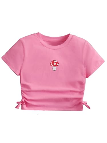 Image of SHENHE Girl's Mushroom Print Short Sleev Crop Tops Ruched Drawstring Tee T Shirts