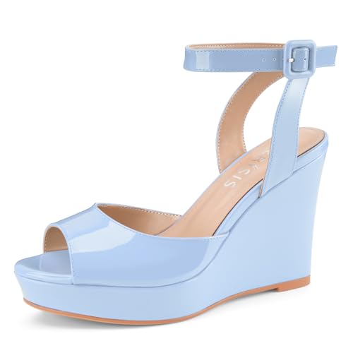 Image of Women's Dressy Platform Wedge Sandals Gold Wedges Peep Toe Patent High Heels Slingback Heeled Comfortable Ankle Strap Shoes