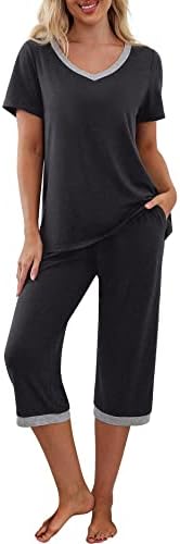 PrinStory Schlafanzüge Damen Kurzarm V-Ausschuss Pyjamas Set Tshirt Und Schlafanzughosen Mit Taschen