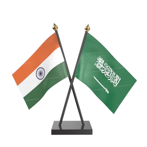 Image of The Flag Company Country Cross Table Desk Flags on Acrylic Base with Poles (Length: 10 inches) | Use for Home & Office,Conference (Saudi Arabia)