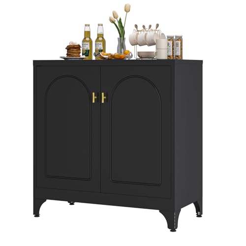SteeLoong Metal Sideboard Buffet Cabinet with Storage,33 Inch Coffee Bar Cabinets with Adjustable Shelf, Black Kitchen Pantry Cabinet for Dining Room, Living Room