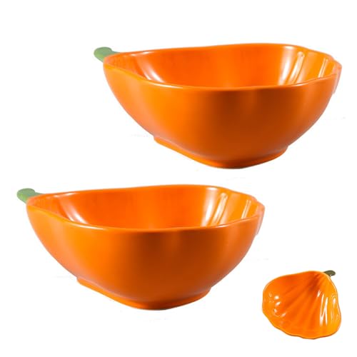2 Pcs Ceramic Ramekins, Oven Safe Ceramic Pumpkin Noodle Bowl, Versatile Complementary Food Bowl for Baking Dessert Pudding and Serving Fruit Salads, Ideal Decoration and Gift for Halloween (Orange)
