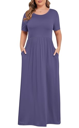 Image of KARALIN Women Plus Size Maxi Dress Short Sleeve Round Neck Loose Fit A-Line | Plus Size Long Dress,Summer Casual Maxi Dresses,Short Sleeve,Side Pockets,Round Neck,Elastic Waist,14 Plus - 26 Plus