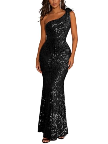 Image of One Shoulder Formal Evening Gowns Sequin Mermaid Maxi Dress for Wedding Guest