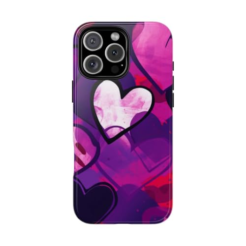 Coque iPhone 16 Pro Max rigide brillante avec motif cœurs pop art vibrant