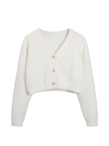 Verdusa Girl's Furry Button Front V Neck Long Sleeve Cardigan Sweater
