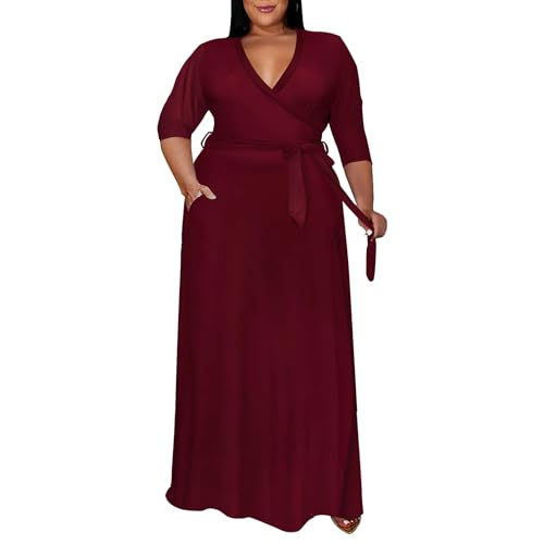 Runwind Plus Size Maxi Dress Sexy 3/4 Sleeve V Neck Plus Size Evening Dresses Wine red 4XL