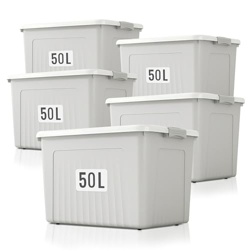 Froppi 5 x 50 Litre Premium Useful Plastic Storage Box with Lid and Wheels | Stackable | Grey | L55 W39 H31 cm | 5 Pack