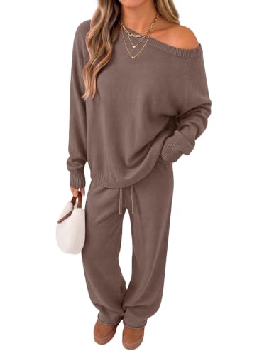 ZESICA Womens 2026 Fall Off the Shoulder 2 Piece Lounge Sets Gray Taupe M