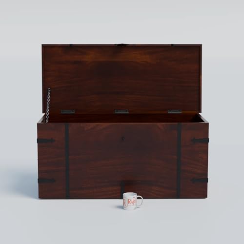 Image of Solid Sheesham Wood Trunk Box For Storage Wooden Center Coffee Table for Living Room Decor | Multipurpose Wooden Center Table With Storage Box Cabinet with Iron Fittings | Walnut Finish