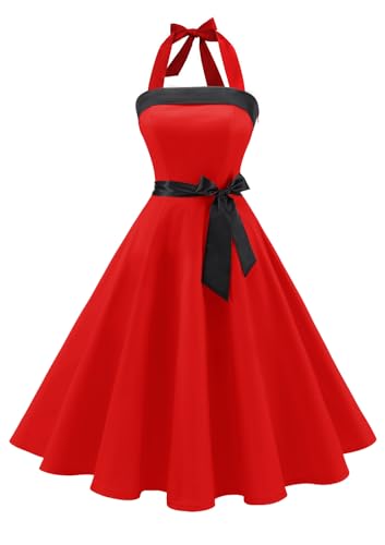 Timormode Damen Vintage Cocktailkleid Knielang Neckholder Swing Retro Rockabilly Kleid M Rot