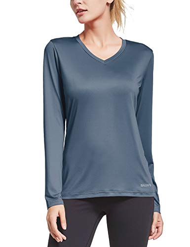 BALEAF Women's V Neck Long Sleeve UV T-Shirts Workout Quick Dry Running Yoga Tops Grey M