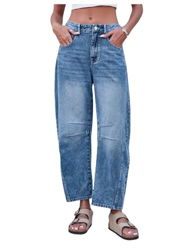 WDIRARA Women's Wide Leg Baggy Barrel Jeans Mid Rise Cropped Denim Pants with Pockets