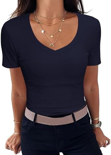 Aottori T-Shirt Damen V-Ausschnitt Gerippt Basic Top Kurzarm Sommer | Rippshirt, Oberteile, Slim Fit, Stretch, Eng, Elegant, Casual, Einfarbig, für Alltag Freizeit Büro