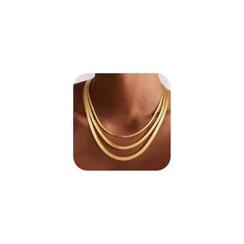 Gold Necklace for Women, 18K Gold Plated Layered Herringbone Necklace Choker Chain Necklaces Dainty Gold Necklaces Waterproof Jewelry for Women Non Tarnish