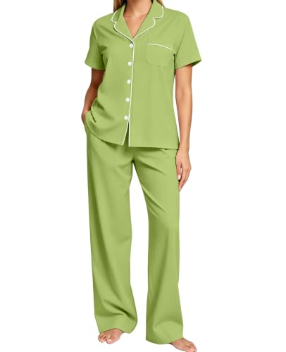 Image of SWOMOG Women Pajama Sets Two-Piece Nightwear Short Sleeve Sleepwear Button Down Pj Lounge Sets with Long Pants