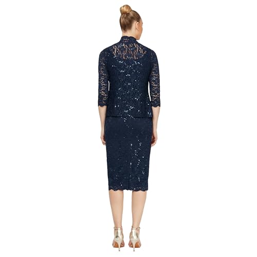 Image of S.L. Fashions Women's Tea Length Sequin Lace Mother of The Bride Dress with Illusion Sleeve Jacket