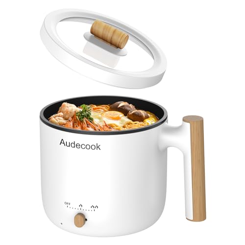 Audecook Elektrische Hot Pot, 1.8L Tragbare Mini Antihaft Multikocher, Schneller Ramen Kocher, Travel Electric Bratpfanne mit Duale Leistungssteuerung für Steak/Nudeln/Suppe/Ei/Hafer