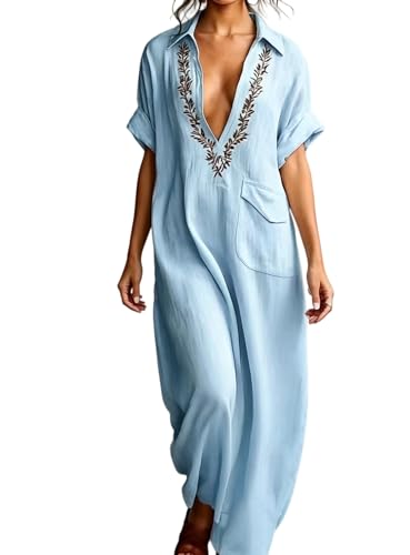 Robe d'été brodée col en V et manches courtes avec poches intégrées