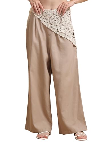 Image of Glam & Chique Women's 100% Cotton Wide Leg Trouser with Crochet Lace Waist & Drawstring-XS-2XL