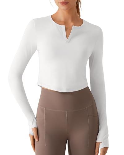 G4Free Cropped Long Sleeve Workout Tops for Women UPF 50+ Thumbholes Crew Neck Slim Fit for Athletic Training(White,XS)