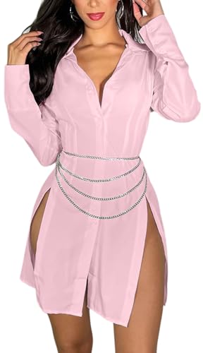 Image of Shirt Dress for Women Sexy Button Down Date Night Dresses Ruched Slit Stand Collar Long Sleeve Blouses