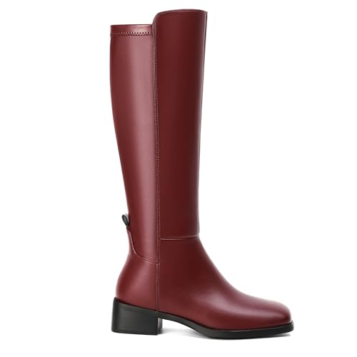 Image of vivianly Women's Knee-High Boots, Faux Leather Elastic Boots Low Heel Square Toe, Side Zipper Tall Boots