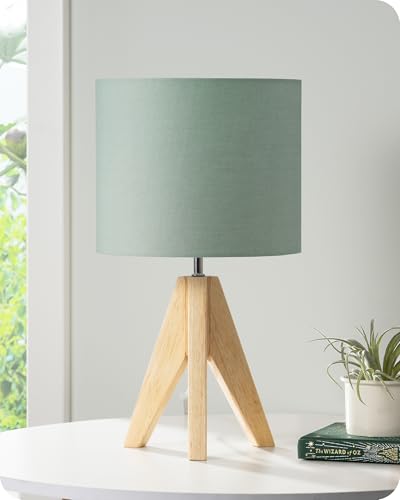 EDISHINE Lampe de Chevet Bois à Trépied avec Abat-jour en Lin, E27 Ampoule LED Incluse, 2700K Blanc Chaud, Lampe de Table Moderne Design pour Chambre, Salon,...