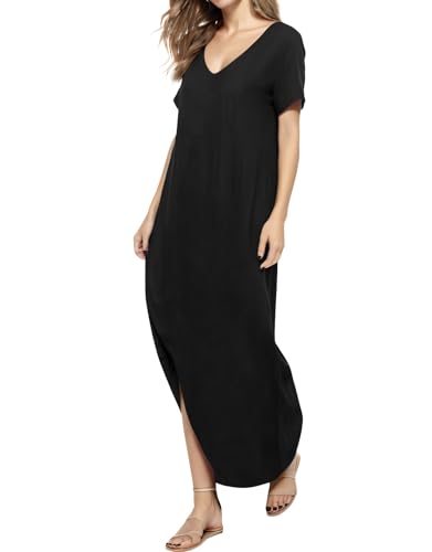 Image of Match Women's V-Neck Casual Loose Short Sleeve Long T-Shirt Dress Split Maxi Dress with Side Pocket