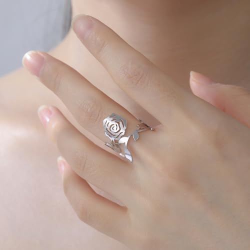 kkjoy Rose Ring Stainless Steel Adjustable Stacking Rose Flower Love Promise Ring for Women Charming Ladies3