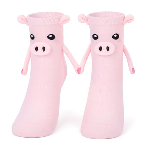 FunisFun Pig Socks with Magnetic Holding Hands Cute 3D Funny Animal Crazy Socks for Women Teen Girls (US Alpha One Size Regular Regular Pink)