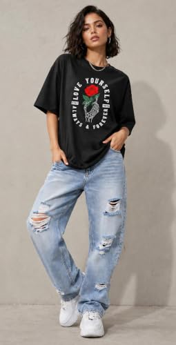 Image of London Hills Oversized Tshirt for Woman | t Shirt for Woman Oversized Fit Printed Round Neck | Tops for Woman's | Women t Shirt Loose Fit Drop Shoulder | t Shirts for Women | Western Tops