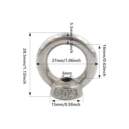 Image of 10PCS M6 Stainless Steel Lifting Eye Nut, Ring Shaped Eye Bolt, 16mm /0.62inch ID, 27mm /1.06inch OD, 5.5mm /0.2inch Thick