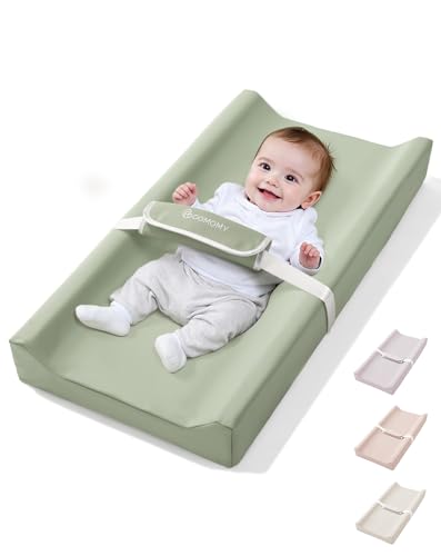 COMOMY Cambiador de cuero vegano para bebé con cubierta de poliuretano impermeable y suave, almohadilla cambiadora de cuña antideslizante con correas de seguridad, cambiador de pañales portátil, para