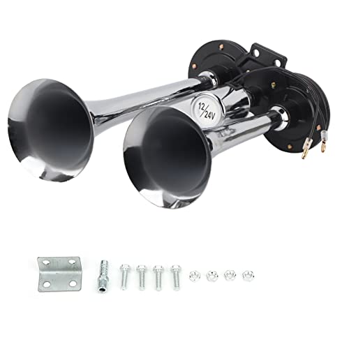 Klanata Universal Car Pneumatic Air Horn Dual Trumpet 130dB 12V/24V Train Auto Lorry Truck ABS Metal