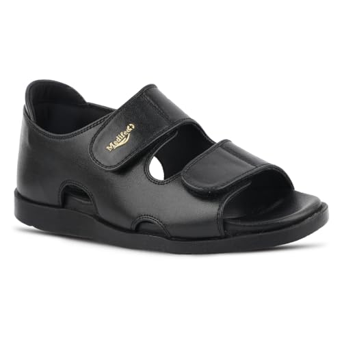 Image of Medifeet Women's Orthopedic Slide Sandals, Leather Cross Strap Comfort Flats with Arch Support, PU Sole, Adjustable Velcro for Foot Pain Relief