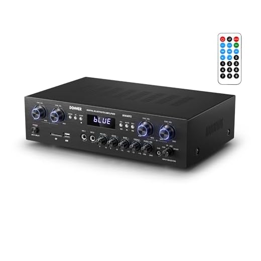 Amplificador Audio Bluetooth 5.0, Donner Amplificador Audio Estéreo 4 Canales, Amplificador HiFi 440W con USB, SD, FM, 2 Mic IN Echo, RCA, LED para Estudio, Hogar, MAMP5