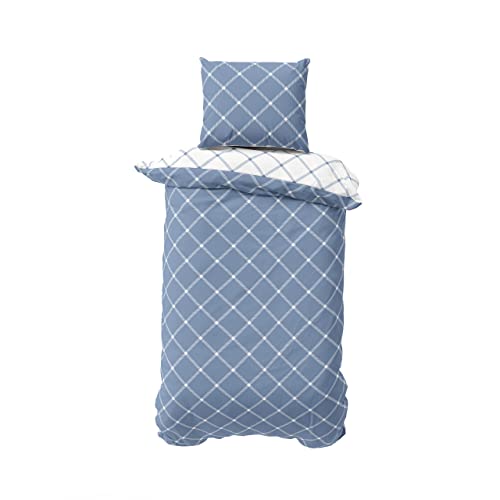 BLUE MOON Bio Renforcé Premium Bettwäsche Set | 100% Bio-Baumwolle | Pflegeleicht & Bügelfrei | Hautfreundlich & Nachhaltig | Für Sommer & Winter (Check Doubleface Blue, 155 x 220 + 80 x 80 cm)