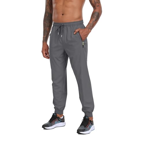 Pantalones Deportivos Ligeros con Entrepierna de 32 Pulgadas para Hombre, con 3 Bolsillos con Cremallera, de Secado rápido, para Entrenamiento, Correr, Gimnasio, Atletismo, Grisoscuro, Large
