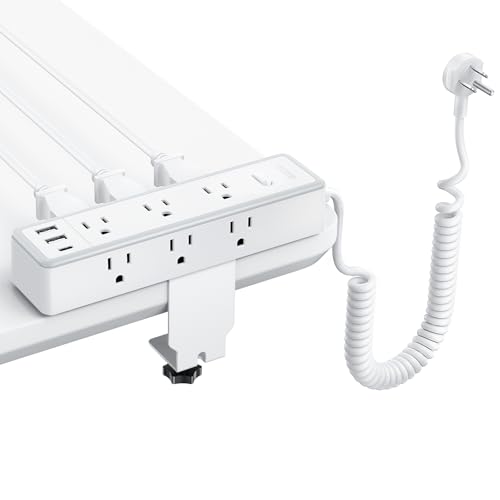 NTONPOWER Desk Clamp Power Strip with 9 AC Outlets 3 USB Ports(1 USB C), 1200J Surge Protector, 6ft Coiled Extension Cord for Standing Desk, Fit 2.68" Tabletop Edge, Home Office Table Access