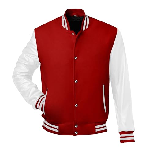 Image of Red And Black Letterman Jacket Men - Mens Black Varsity Letterman High School Baseball Bomber Jacket