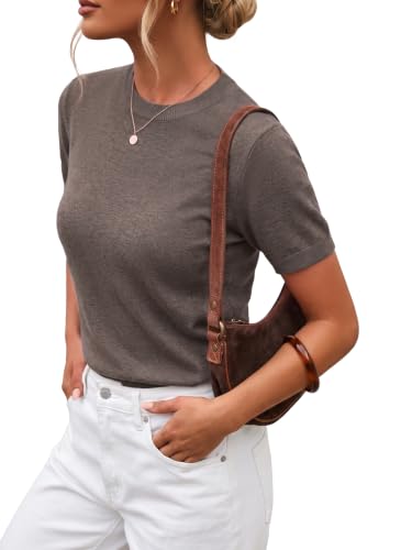 Arach&Cloz Women's Fashion Fall Spring Tops Vacation Cruise Outfits Summer Short Sleeve Sweaters Blouse Teacher Easter Clothing Business Casual Dressy Trendy 2026 (Coffee,M)