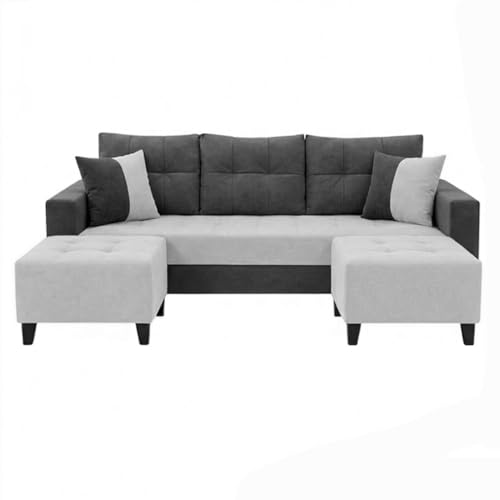 Image of SLEEPIFY Harlon Velvet-Suede Fabric 3 Seater Sofa Set with 2 Ottoman (Dark Gray - Light Gray) | Comfortable & Spacious Seating | Modern Sofa Set for Living Room | Soft Touch Upholstery