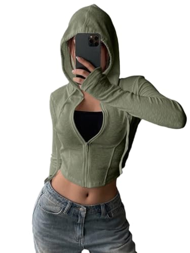 Chic Green Womens Casual Coat: 2025 Fall Winter Zip-Up Hooded Jacket in Large