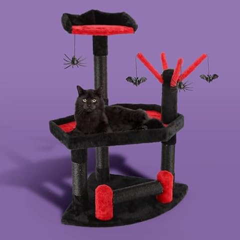 Nobleza Gothic Cat Tree, 35.2" Coffin Halloween Black Goth Cat Tree Tower with Coffin Bed & Crown Perch, Indoor Spooky Cat Tree Stand Climber Pole with Hanging Spiders Bats, Black Red, Large Cover