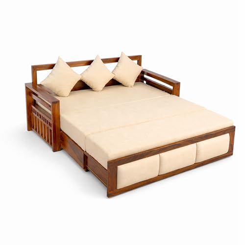 Image of SONA ART & CRAFTS Zeus Sheesham Wood 3 Seater Sofa Cum Bed | Wooden 3 Seater Sofa for Living Room Wooden Furniture Sofa Bed for Home (Natural Finish)