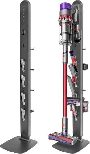 Image of Metal Vacuum Stand for Dyson V16 Gen5 V15 V12 V11 V10 V8 V7 V6, Cordless Vacuum Organizer w /4 Hooks & 4 Shelves, Hidden Cable Design, Space-Saving Attachment Holder for Dyson Vacuums, Dark Gray